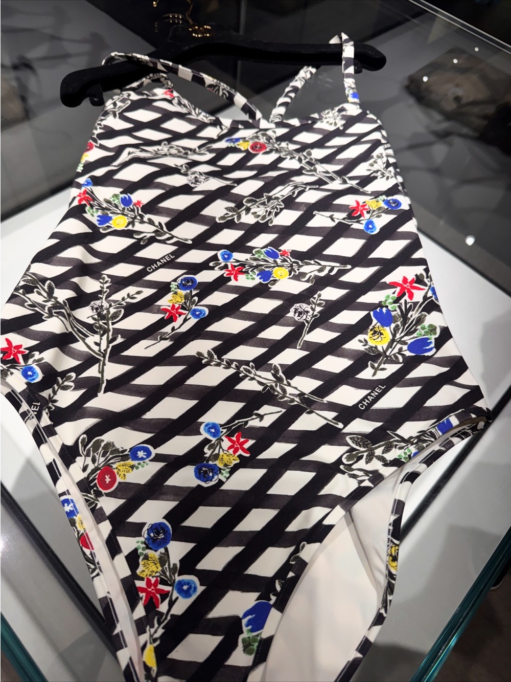 CHANEL Black & White Striped Floral Swim One-Piece 2026